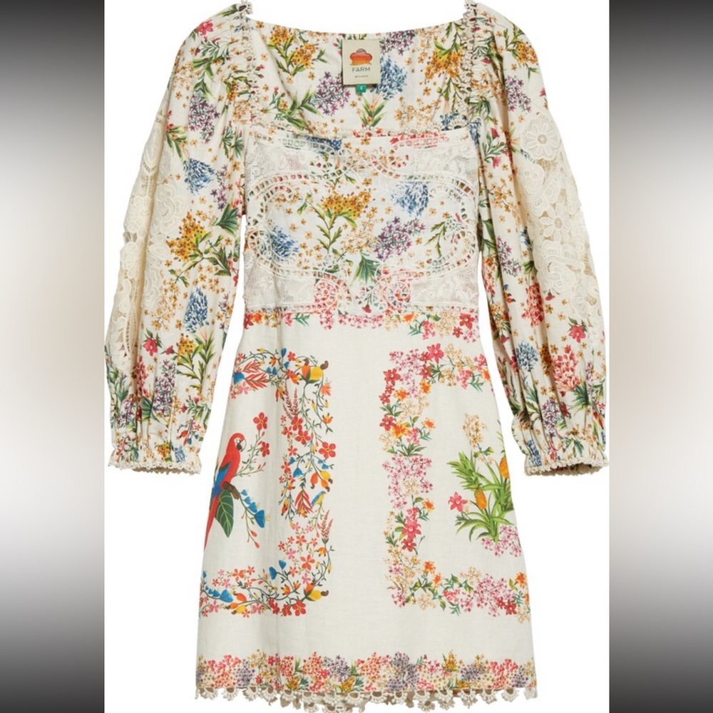 Farm Rio Delicate Forest Scarves Billowy-Sleeve Embroidered Minidress
